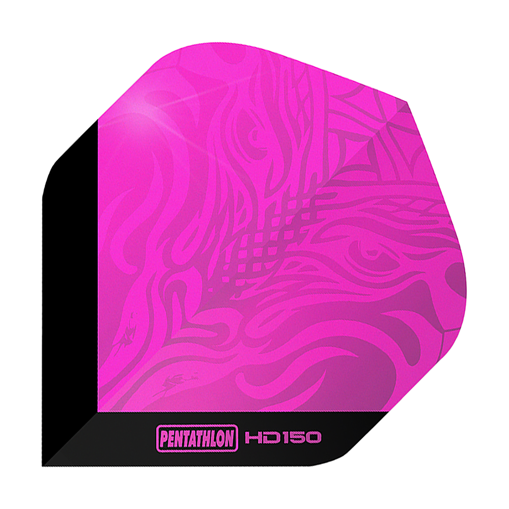Das Bild zeigt den Pentathlon HD150 Metallic Pink Standard Flight. Er ist in einem auffälligen Metallic-Pink gehalten und hat ein modernes Muster.